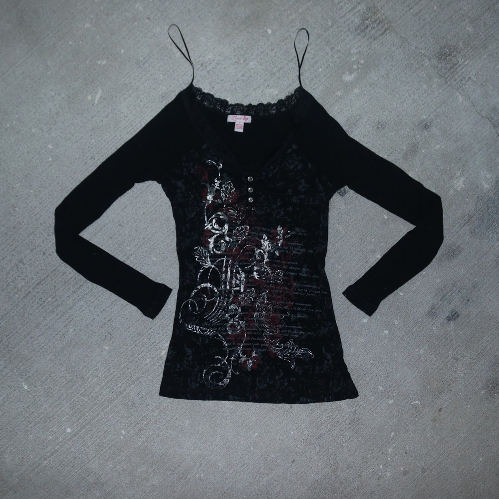 Lena Womens Graphic Lace Trim Long Sleeve 100% Cotton Top Black Sequined Size S